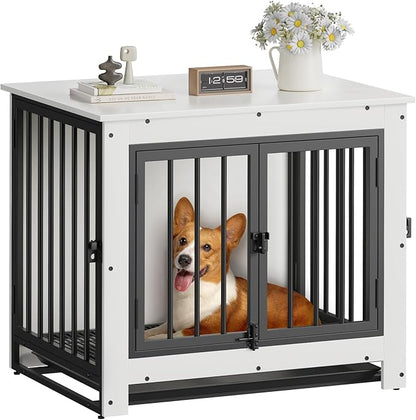 Derfullo Dog Crate Furniture, 29 Inch Indoor Dog Kennel for Small Dogs Up to 30 LBS, Heavy Duty Wooden Pet Cage End Table with 3 Doors, Alloy Steel Frame & Removable Tray