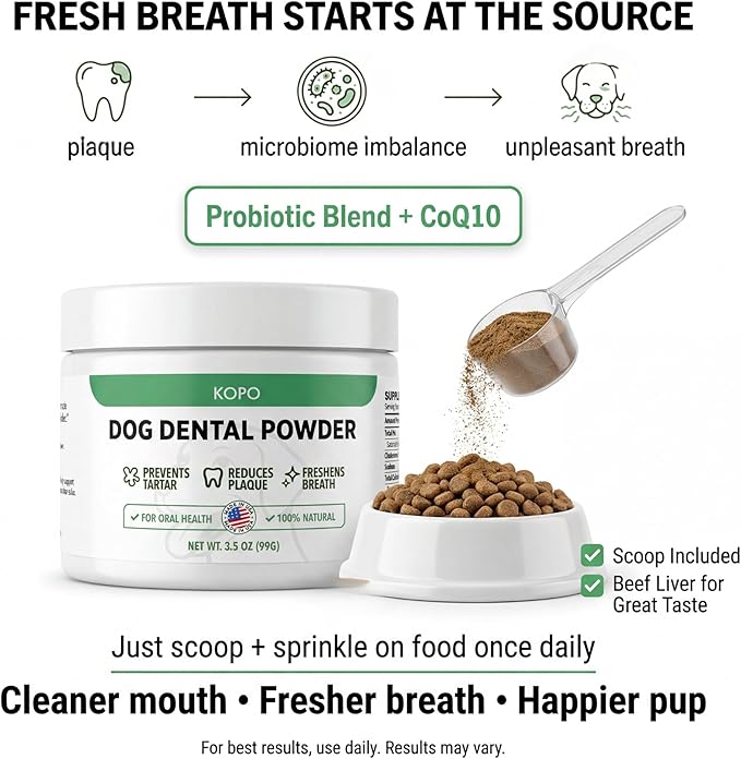 KOPO Dog Dental Powder | Dog Oral Care Supplement | Supports Fresh Breath & Gum Health | Helps Reduce Plaque & Tartar Buildup | Beef Liver Flavor | All Breeds & Sizes | 99 Scoops