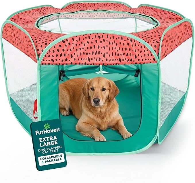FurHaven Portable Pet Playpen for Dogs & Cats, Foldable, Indoor Kitten Playpen with Mesh Sides, Foldable, Pop Up Travel Dog Pen, X-Large, Green & Pink