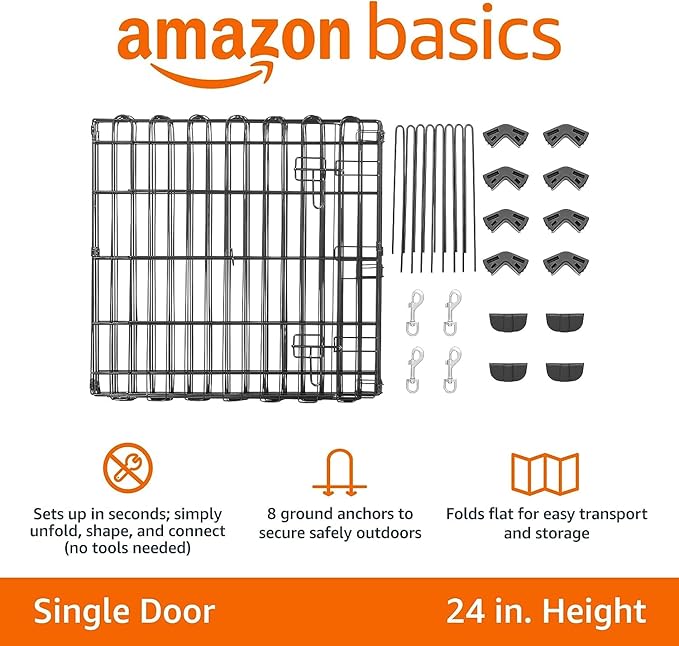 Amazon Basics Foldable Octagonal Metal Exercise Pen for Dogs, Indoor/Outdoor, Single Door, 8 Panels, 24" Height, Extra Small, Easy to Assemble, Black