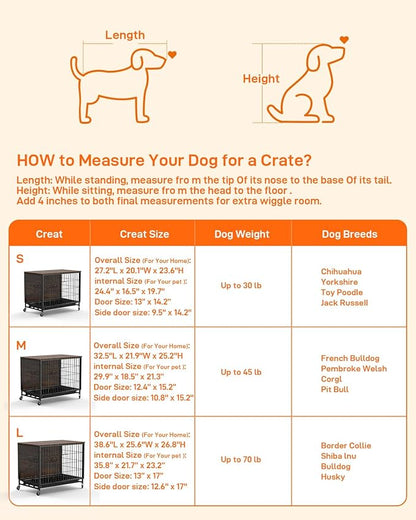 Furniture Style Dog Crate With Removable Tray and Wheels, 2024 New Heavy-Duty Double-Doors Cage End Table, 27.2" Wooden Kennel, Indoor House for Large Dogs, Brown