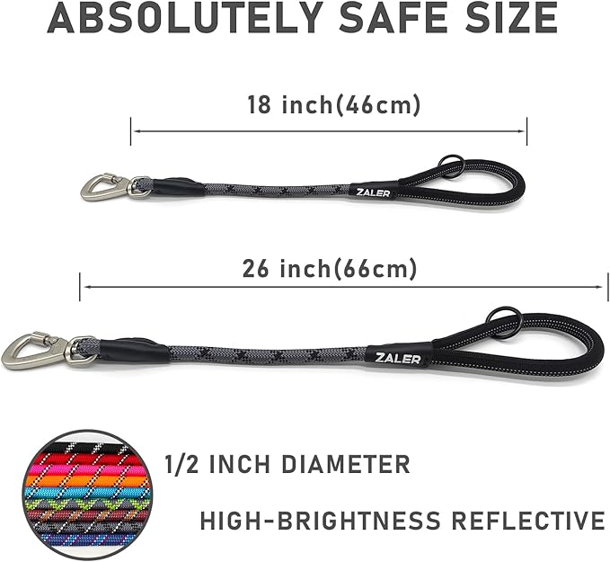 ZALER Short Dog Leash, 26 Inches Rope Traffic Leashes for Dogs, Reflective Dog Lead with O-Ring, Heavy Duty Pet Leash for Large and Medium Dogs (26" Black Gray)