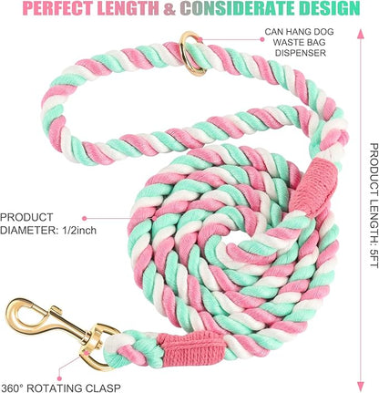 Dog Leash 5 FT Handmade Braided Cotton Rope Leashes for Small Medium and Large Dogs, New Golden Heavy Duty Metal Clasp, Cherry Blossom Pink