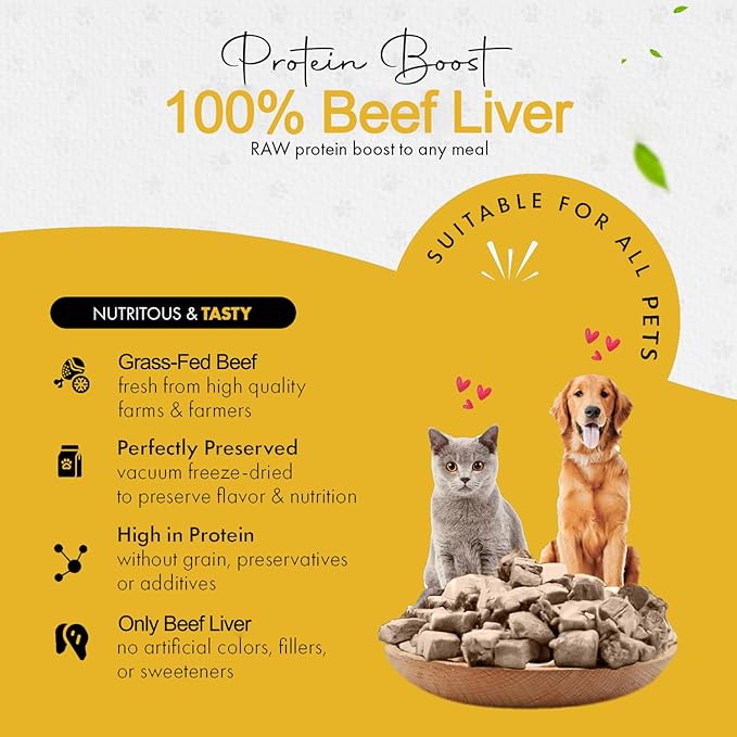 Freeze Dried Beef Liver Dog Treats | Healthy Kitten Treats, Single Ingredient, Raw | High Protein Cat & Dog Food Toppers, Grain-Free | Inspected & Tested in USA | 2.1 oz
