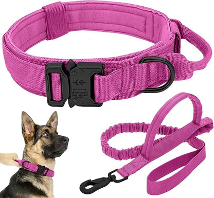 Tactical Dog Collar Leash Set, Adjustable Military Training Nylon Collar Dog Training with Control Handleand Metal Buckle, Dog Collar for Medium Large Dogs (Pink,M)