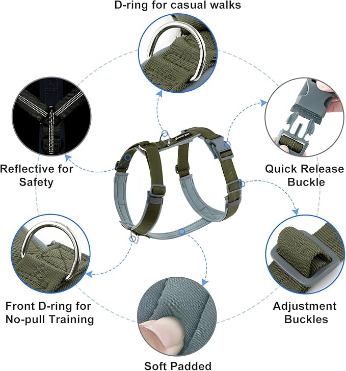 Plutus Pet No Pull Dog Harness, Adjustable Nylon Harness with Soft Padding, Reflective and Heavy Duty Dog Harness for Small, Medium, Large Dogs(Ranger Green, M)