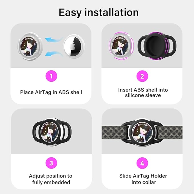 Waterproof Airtag Dog Collar Holder, Silicone & ABS Airtag Holder for Dog & Cat Collars, Ultra-Durable, Lightweight and Protective Airtag Case (Black&Black-1, Small)