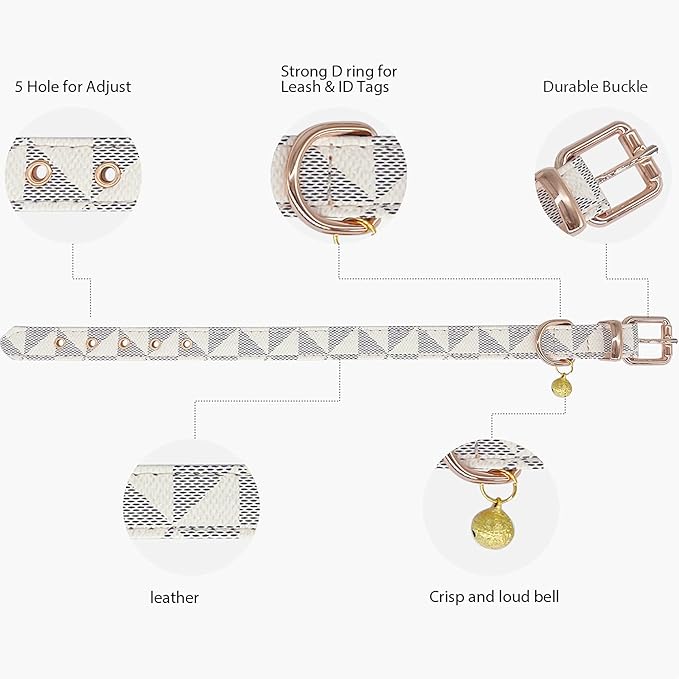 Dog Leather Collar and 4 ft Leash, KUDES Adjustable Basic Collar with Bell Checkered Pattern Durable Leather Collar and Leash with Metal Buckle for Small Medium Large Dogs