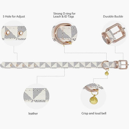 Dog Leather Collar and 4 ft Leash, KUDES Adjustable Basic Collar with Bell Checkered Pattern Durable Leather Collar and Leash with Metal Buckle for Small Medium Large Dogs