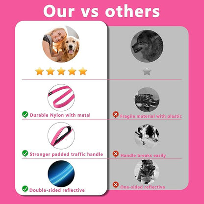 Dog Leash 4ft Long, Double Handle Dog Leash for Safety Control Training, Heavy Duty Dog Leads with Traffic Padded Handles, Reflective Leashes for Small Medium Large Dogs(4ft, Hotpink)
