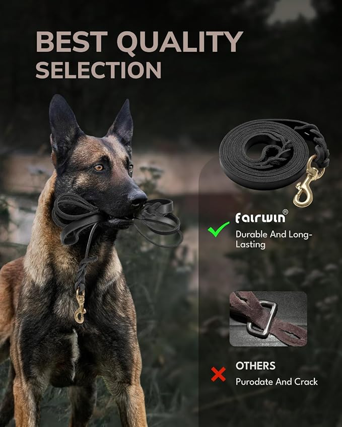 FAIRWIN Leather Dog Leash 6 Foot - Braided Military Grade Heavy Duty Dog Leash for Large Medium Small Dogs Training and Walking(Black, L:3/4" x 6ft)