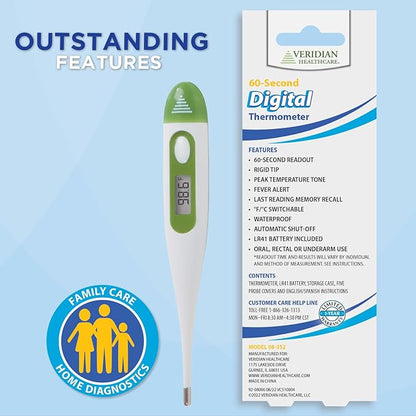 Veridian Digital Thermometer | 60-Second Readout | Fever Alert + Memory Recall| Clinical Rigid Tip | Hygienic Water-Resistant Easy Cleaning | Storage Case + Probe Covers Included