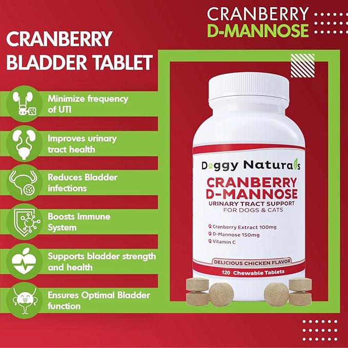 Cranberry D-Mannose for Dogs and Cats Urinary Tract Infection Support Prevents and Eliminates UTI, Bladder Infection Kidney Support, Antioxidant (Single Strength Tablet, 120 Count)
