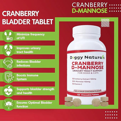 Cranberry D-Mannose for Dogs and Cats Urinary Tract Infection Support Prevents and Eliminates UTI, Bladder Infection Kidney Support, Antioxidant (Single Strength Tablet, 120 Count)