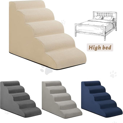 Aodisman 5-Step Dog Stairs and Ramp for High Bed,Non-Slip Sturdy Pet Steps for Small Dogs and Cats,22.2" H,Beige