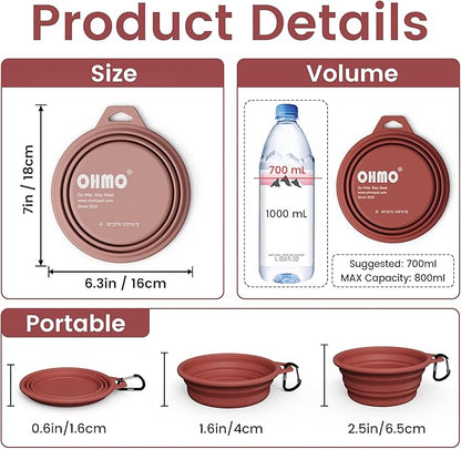 OHMO Collapsible Dog Water Bowls w/Built-in Stainless Steel Ring – 2pcs Large 27oz/800ml Portable Silicone Pet Feeding Bowl for Hiking, Camping, Travel