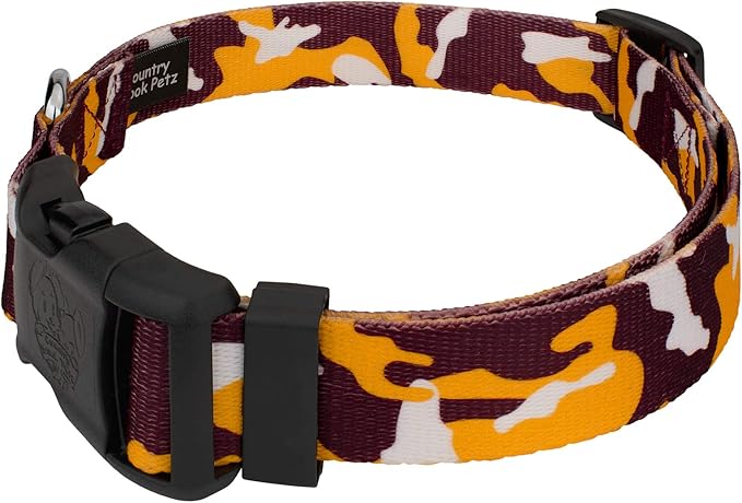 Country Brook Petz - Deluxe Burgundy and Gold Camo Dog Collar and Leash Limited Edition - Sports and Athletics Collection Featuring Spirited Designs (1/2 Inch, Extra Small)