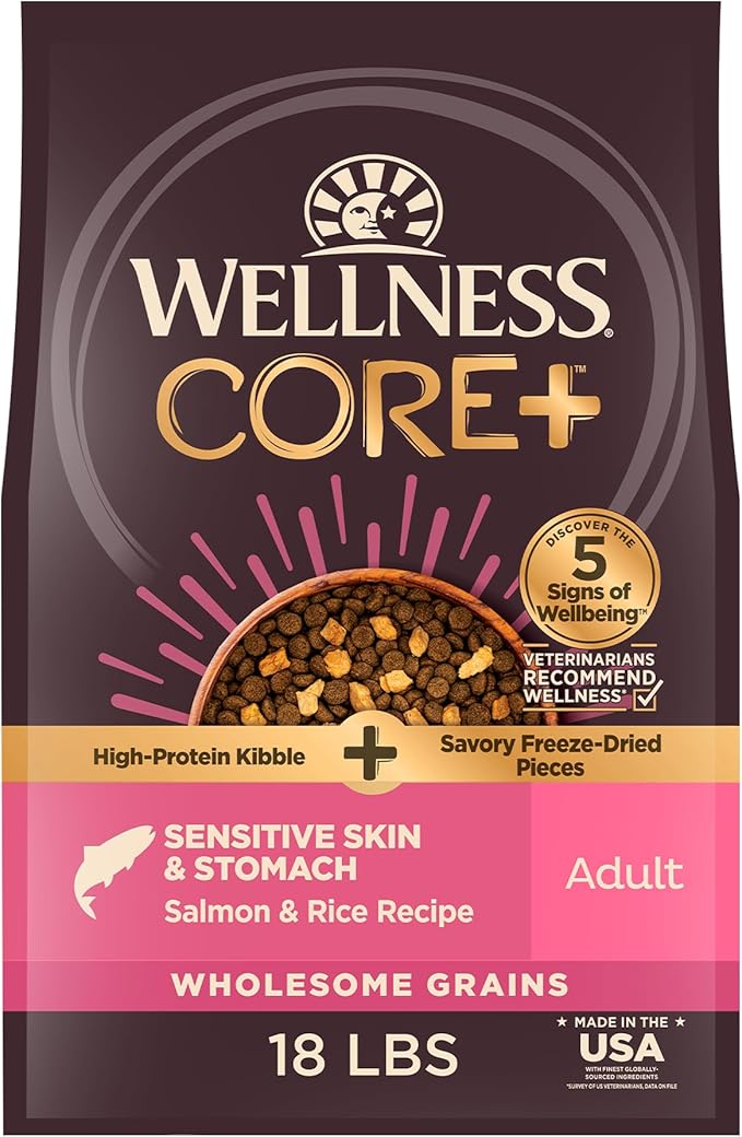 Wellness CORE+ Sensitive Skin and Stomach Adult Dry Dog Food with Freeze Dried Pieces, Wholesome Grain Kibble+, Natural, High Protein, Chicken Free, Salmon and Rice Recipe, 18 lb Bag
