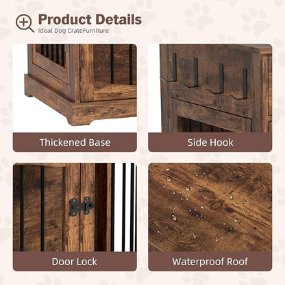 Kucreiheat 40'' Wooden Dog Crate Furniture–Farmhouse Dog Kenel-Multi Purpose Pet House with Double Doors, 2 Drawers, for Small, Medium & Large Dogs–Rustic Brown Finish
