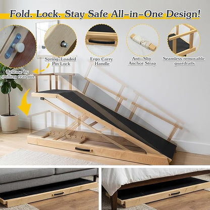 6 Level Height Adjustable Dog Ramp for Bed, Couch 65" Foldable Pet Ramp with Non-Slip Mat，DIY Glow Strips & Rest Platform Heavy Duty Dog Stairs for Large Dogs up to 200Lbs ，Wood Color