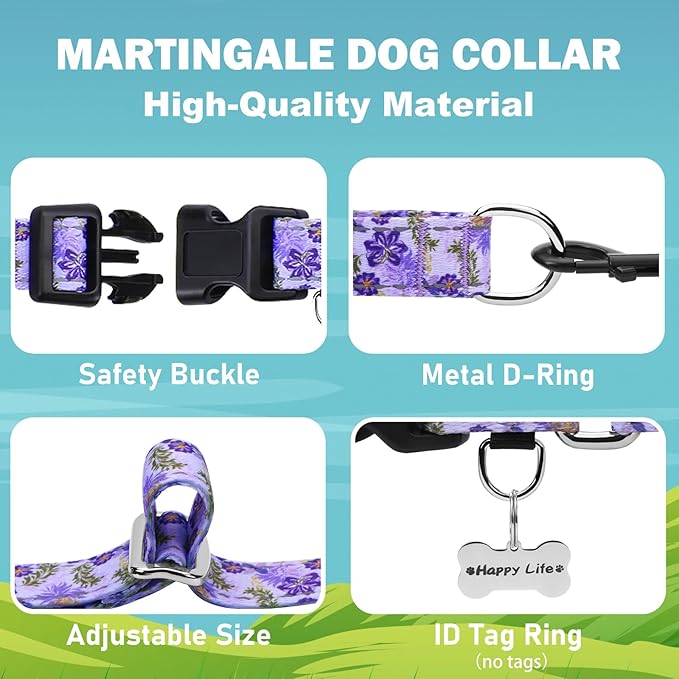 Reflective Martingale Collar for Dogs with Quick Release Buckle Cute Girl Female Flower Dog Collars (Lavender Floral, Small)