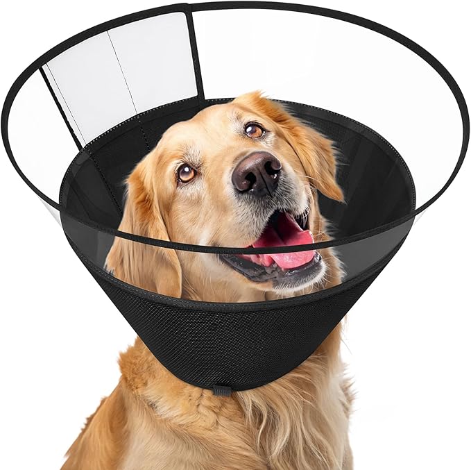 Dog Cone Collar, Clear Soft Cone for Dogs After Surgery to Stop Licking, Breathable Mesh Recovery Collar with Elastic Loop for Snug Fit, Adjustable E-Collar for Large Dogs, Black Size 6