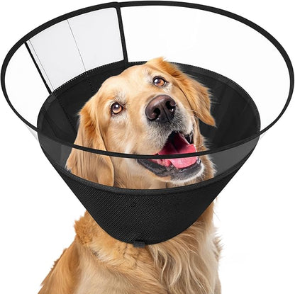 Dog Cone Collar, Clear Soft Cone for Dogs After Surgery to Stop Licking, Breathable Mesh Recovery Collar with Elastic Loop for Snug Fit, Adjustable E-Collar for Large Dogs, Black Size 6