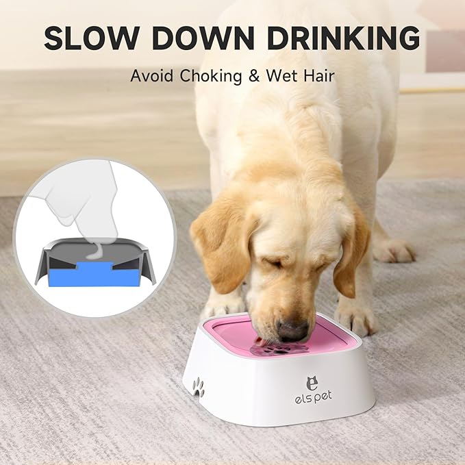 ELS PET Travel Bowl, No Spill, No Drip Slow Water Feeder/Dispenser for Dogs, Cats, 35oz/1L (Pink)