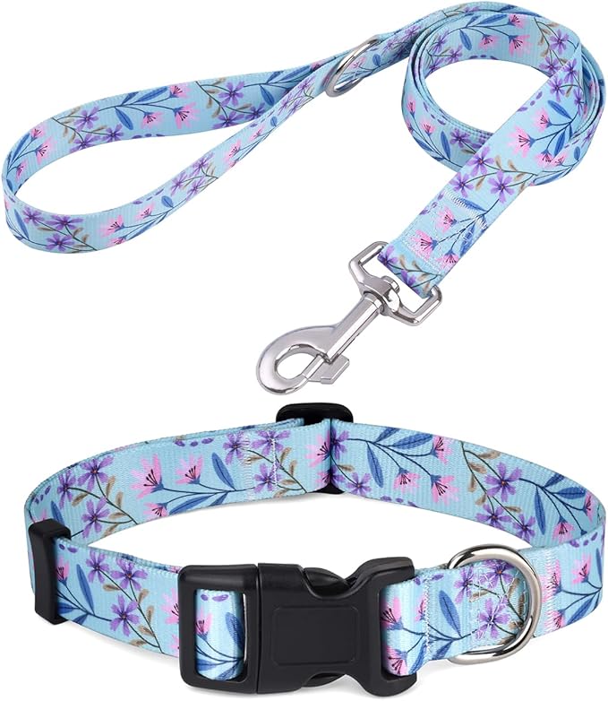 Mihqy Dog Collar and Leash Set with Bohemia Floral Tribal Geometric Patterns - Soft Ethnic Style Collar Adjustable for Small Medium Large Dogs(Pink + Purple Floral Set,XS)