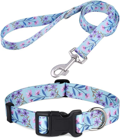 Mihqy Dog Collar and Leash Set with Bohemia Floral Tribal Geometric Patterns - Soft Ethnic Style Collar Adjustable for Small Medium Large Dogs(Pink + Purple Floral Set,M)
