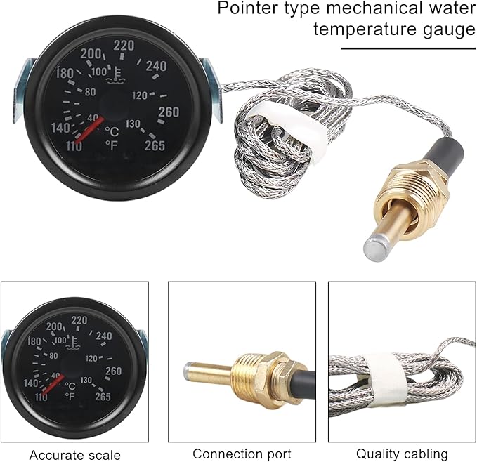DXNQ Water Temperature Gauge, 2" 52mm 12V Pointer Mechanical Coolant Temp Gauge(40-130℃, 110-265℉), Dual Scale Yellow LED Light Water Thermometer with Sensor NPT 1/2 for Car Boat Marine Truck