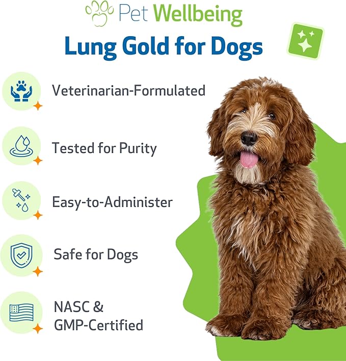 Pet Wellbeing Lung Gold for Dogs - Respiratory Support for Canine Lungs, Healthy Immune Defenses, Lower Respiratory Tract - NASC Certified & Vet-Formulated - 2 oz Liquid