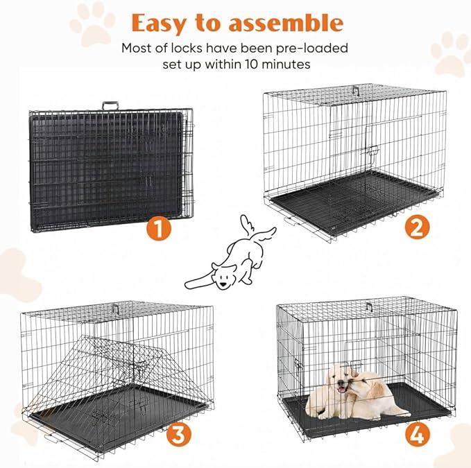 Dog Crate Kennel, 42 Inch Metal Pet Cage Double Door W/Divider Panel, Folding Travel Indoor Outdoor Dog Kennel Leak-Proof Plastic Tray Wire Animal Cage