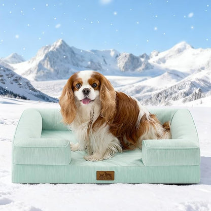 Cooling Dog Bed for Medium Small Size Dogs, Q-Max >0.4 Summer Cool Orthopedic Foam Pet Sofa Bed with Sides, Bolster Anti-Slip Couch with Washable Removable Cover, M 30x20x6 inch, Green
