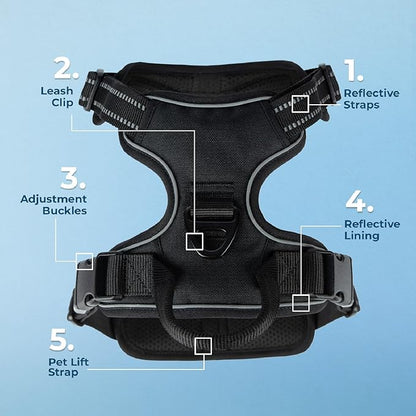 Voyager No Pull Dog Harness for Medium Dogs, Dual Leash Attachments, Adjustable Soft but Strong Pet Harness with 3M Reflective Technology, Black Nylon, M (Chest: 20-25") (Pack of 5)