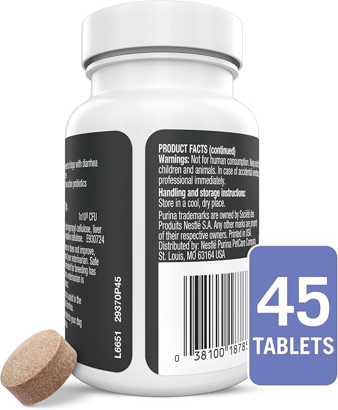Purina Pro Plan Veterinary Supplements FortiFlora Daily Probiotics for Dogs Chewable Tablets for Digestive Gut Health and Diarrhea - 45 ct. Canister