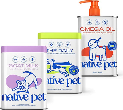 Native Pet Health & Wellness Bundle: Organic Goat Milk Powder for Vitality (120 Scoops), Daily Multivitamins for Immunity (60 Scoops) & Omega-3 Fish Oil for Coat & Heart Support (16 Oz.)
