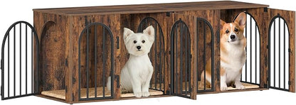 Hzuaneri 63" Dog Crate Furniture for 2 Dogs, Heavy Duty Indoor Dog Kennel TV Stand, L Wooden Dog Cage with Divider for Medium Large Dogs, End Table Dog Crate with Cushion, Rustic Brown DFC80901B