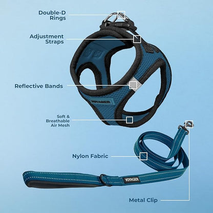 Best Pet Supplies Voyager Step-in Air All Weather Mesh Harness and Reflective Dog 5ft Leash Combo with Neoprene Handle, for Small, Medium and Large Breed Puppies - Set (Blue/Black Trim), X-Small