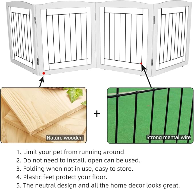 ZJSF Freestanding Foldable Dog Gate for House Extra Wide Wooden White Indoor Puppy Gate Stairs Dog Gates Doorways Tall Pet Gate 4 Panels Fence