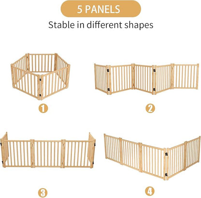 YOCAN Paint-Free Wooden Freestanding Dog Gates for The House, Doorways, Stairs,Wood Pet Fences Indoor Pet Gate,Step Over Fence-5 Panels L:115" H:23"