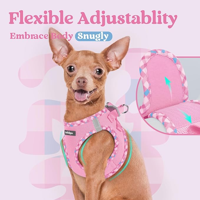 rabbitgoo Small Dog Harness, Step-in Soft Mesh Puppy Vest with Safety Buckle, Breathable Reflective Pet Harness for Small Medium Dogs, Pink & Plaid Trim L