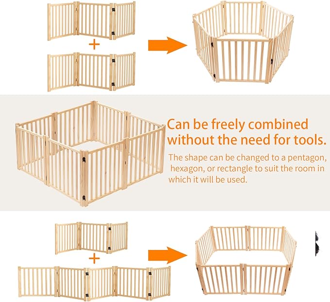 YOCAN Paint-Free Wooden Freestanding Dog Gates for The House,Doorways, Stairs,Wood Dog Fences Indoor Pet Gate,Step Over Fence-3 Panels L:69" H:16.9"
