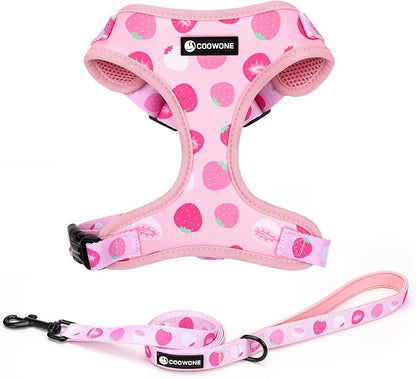 Dog Harness and Leash Set, Adjustable Dog Harness, Dog Leash, No Pull No Choke Puppy Harnesses for Walking Training for Small Medium Pet (Strawberries, L(Chest 18.5-27.1", Neck 14.5-20.1"))
