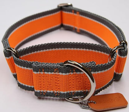 Martingale Collar 1.5 Inch Wide 1600D Extra Strong Anti Escape Nylon Dog Collar, No Pull Heavy Duty Pet Collars with 3-Color Stripe for Medium to Large Dogs (L, Orange & Gray)