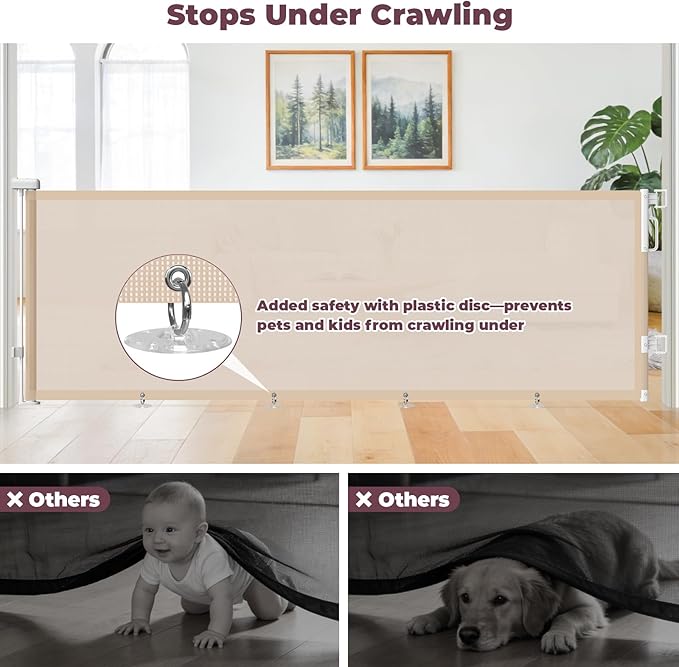 96" Retractable Baby Gates Large Openings, Extra Wide Mesh Dog Gate for Garage Deck Porch, Strong Suction Disc Prevent Crawling Under, 34" Tall Long Safety Gate for Child Indoor Outdoor, Beige