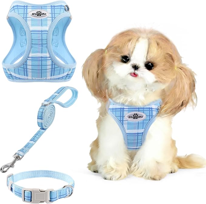 Gyuzh No Pull Dog Harness - 3-in-1 Step in Harness Collar Leash Set for Small Dog Walking & Training, Easy Walk Style, Lightweight Plaid Vest (Blue, M)
