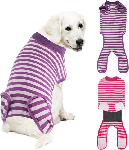 2 Packs Breathable Cotton Dog Recovery Suit for After Neuter Spay Abdominal Wounds Protector, Professional Anti-Licking Onesies for Male Female Pets Surgery Bandages, 2XL Purple & Pink Stripes