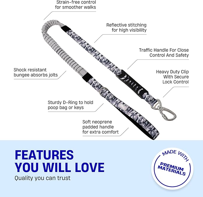 Dog Friendly Co. Bungee Dog Leash | Strain Free & Shock Resistant for Control | Neoprene Padded Handle, Heavy-Duty Carabiner Clip, and D-Ring | Grey Camo, Size Regular