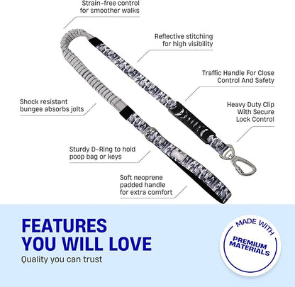 Dog Friendly Co. Bungee Dog Leash | Strain Free & Shock Resistant for Control | Neoprene Padded Handle, Heavy-Duty Carabiner Clip, and D-Ring | Grey Camo, Size Small